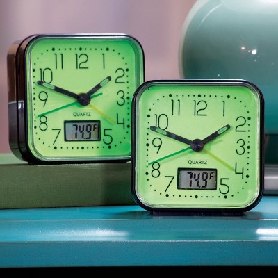Glow in the Dark Green Plastic Alarm Clocks, Set of 2