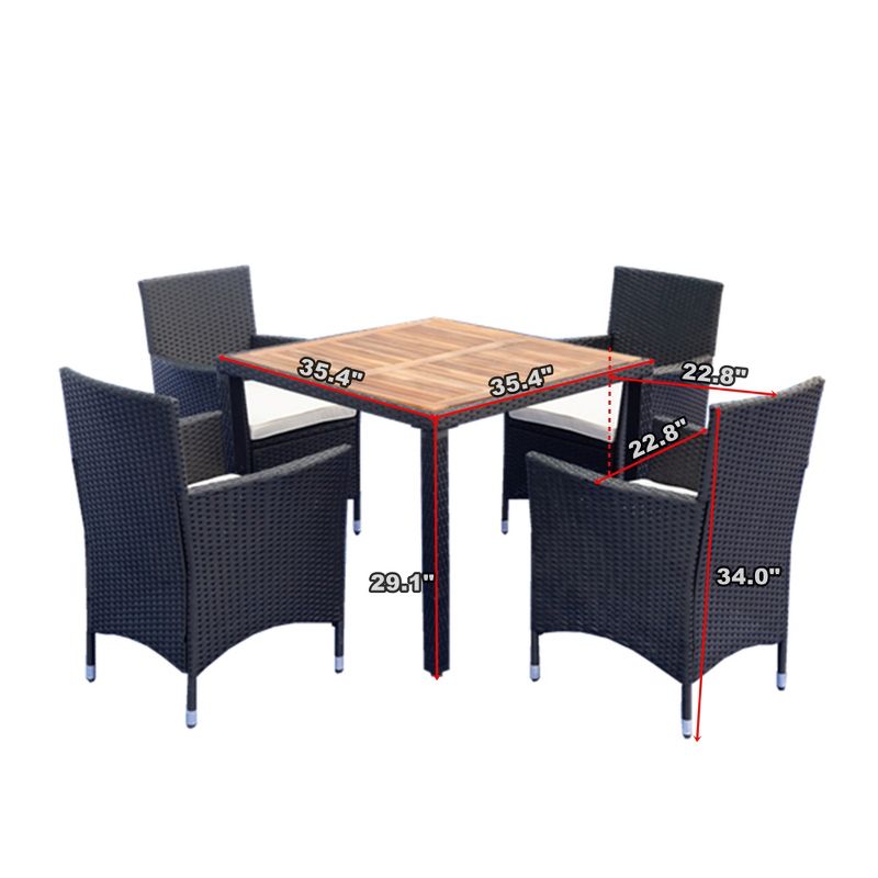 5-Piece Patio Wicker Dining Set, Outdoor Furniture with Acacia Wood Top Table, Black+Creme 4M - ModernLuxe, 3 of 13