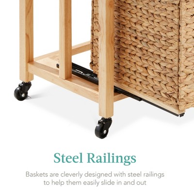 Natural Rubberwood Vertical Rolling File Cabinet with Water Hyacinth Baskets