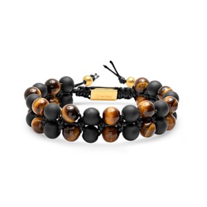 Steeltime Men's tiger eye and black lava beaded drawstring bracelet with 18k gold plated stainless steel accents - 1 of 4