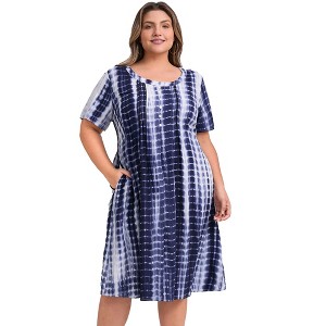 GRACE & GRANDEUR Women's Plus Size Tie Dye Round Neck Short Sleeve Button Decor A Line Dresses - 1 of 4