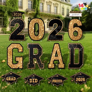 Joyfy 14 Pcs Graduation Yard Signs Class of 2026, Black Gold