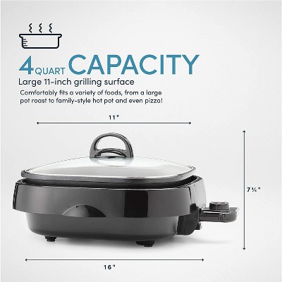 Aroma Black 4Qt 3-in-1 Electric Indoor Grill with Glass Lid