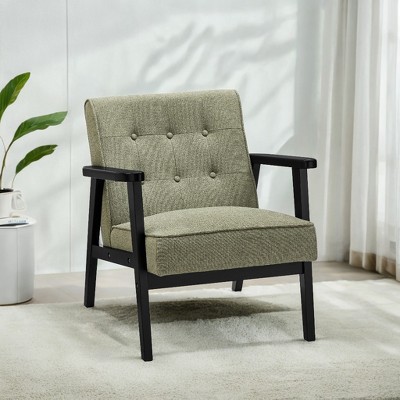 Accent Leisure Chair, Mid-Century Modern Arm Chair with Solid Wood Armrests and Legs, 1-Seat Cushioned Sofa Olive Green