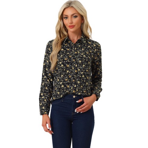 Allegra K Women's Point Collar Long Button Sleeve Button Down Floral Shirt - image 1 of 4