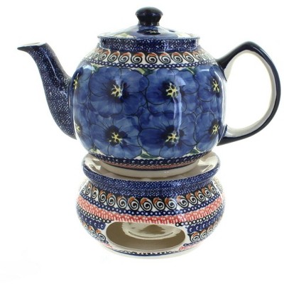 Blue Rose Polish Pottery Blue Art Teapot with Warmer