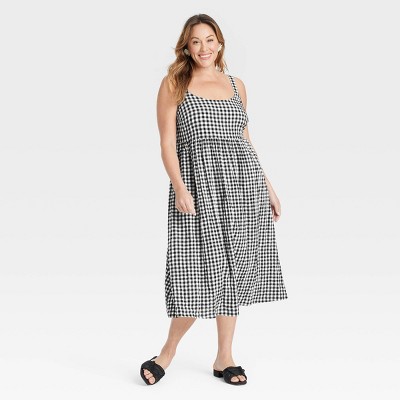 Women's Midi Empire Waist Dress - Ava & Viv™ Black Gingham Check 2X