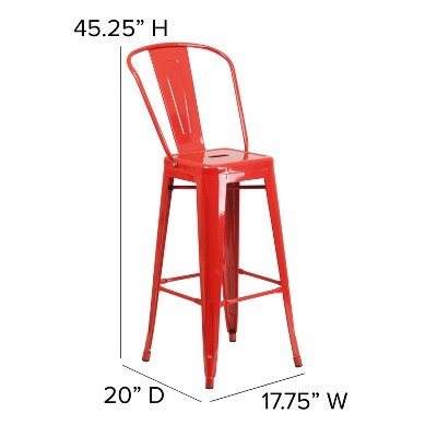 Red Metal Indoor-Outdoor Counter Height Barstool with Back