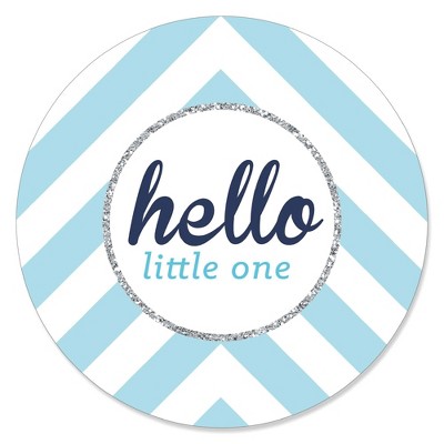 Big Dot of Happiness Hello Little One - Blue and Silver - Boy Baby Shower Circle Sticker Labels - 24 Count