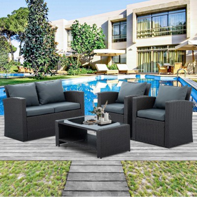 GlasFlength Patio Seating Sets 4PCS, Cushions, Outdoor Furniture, Deep Seat, Sectional Chat Set with Cushions, Blue, 45.25"*25.75"*29.75"