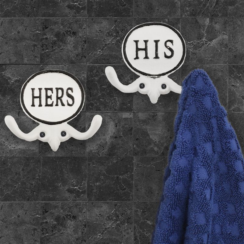 AuldHome Design White His and Hers Towel Hooks, Set of 2; Cast Iron Rustic Farmhouse Decor Door Wall Hangers, 2 of 9