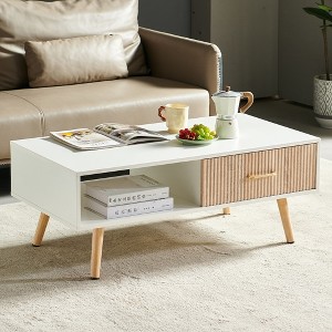 KTMBDW Coffee Table 41" Mid Century Modern Center Table with Drawer, Fluted Living Room Table with Storage, Open Shelf Coffee Table - 1 of 4