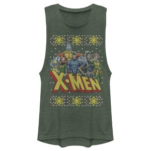 Juniors Womens Marvel Ugly Christmas X-Men Group Festival Muscle Tee - 1 of 3