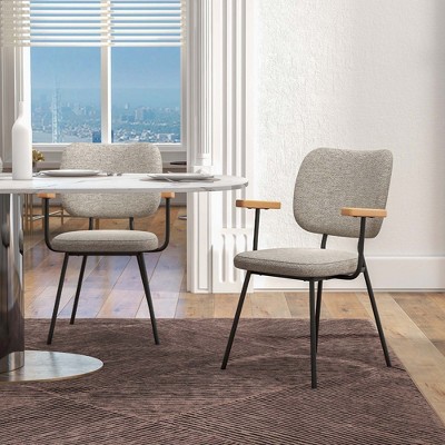 Set of 2 Gray Linen Upholstered Arm Chairs with Metal Legs
