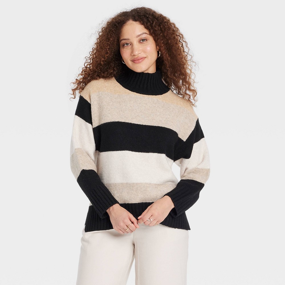 Women's Cozy Knit Mock Turtleneck Pullover Sweater - A New Day™ Black/Camel/Gray Striped XS