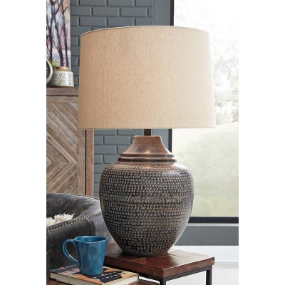 Antiqued Brown Metal Urn Table Lamp with Beige Shade
