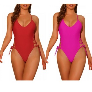 Elerevyo Women's Lace Up Criss Cross Plunge Monokini Side Tie Strappy Swimwear Bathing Suits 2 Sets - 1 of 4