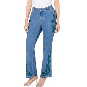 Roaman's Women's Plus Size Invisible Stretch Iconic Sequin-Embellished Bootcut Jean - 1 of 4