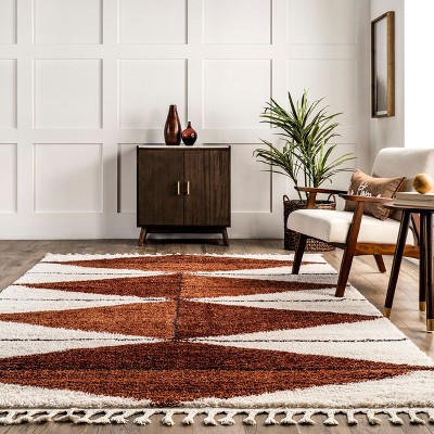 Rust and Ivory Geometric Shag 8' x 10' Synthetic Area Rug
