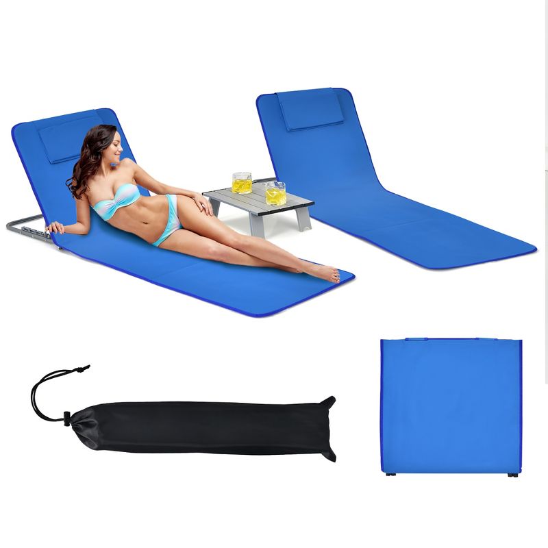 Costway 3-Piece Beach Lounge Chair Mat Set 2 Adjustable Lounge Chairs with Table Blue\Stripe, 2 of 11