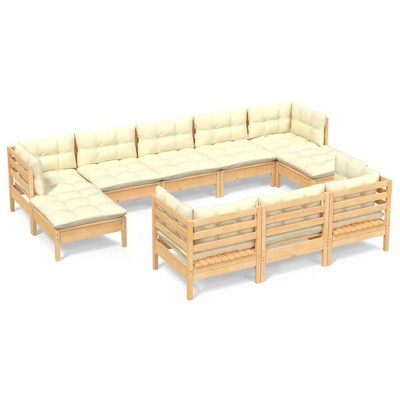 vidaXL Solid Pinewood Patio Furniture Set - 10 Piece Lounge Set with Cream Cushions for Garden Deck Outdoor