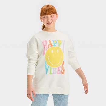 Girls' Oversized Fleece Crewneck Smiley Graphic Pullover Sweatshirt - art class™ White