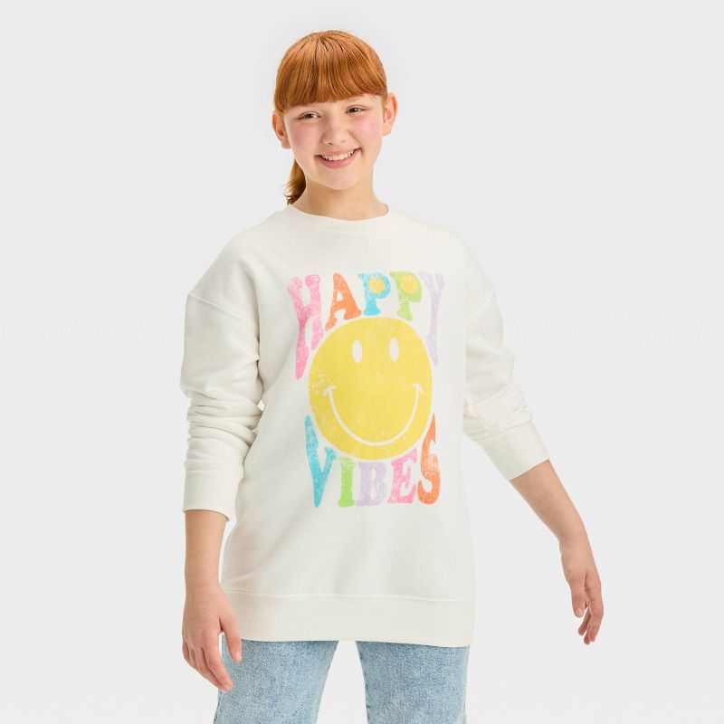 Girls' Oversized Fleece Crewneck Smiley Graphic Pullover Sweatshirt - art class™ White, 1 of 5