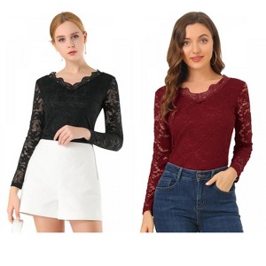 INSPIRE CHIC Women's Floral Embroidery Sheer Long Sleeves Lace Blouse 2 Packs - 1 of 4
