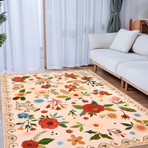 Floral Rugs for Living Room, Machine Washable Boho Area Rug, Vintage Low Pile Large Area Rugs for Living Room, Bedroom, Dining Room, Kids Playroom - 1 of 4