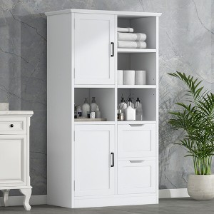 Akoasm Bathroom Storage Cabinet With Doors, Drawers & Adjustabl Shelf-White - 1 of 4