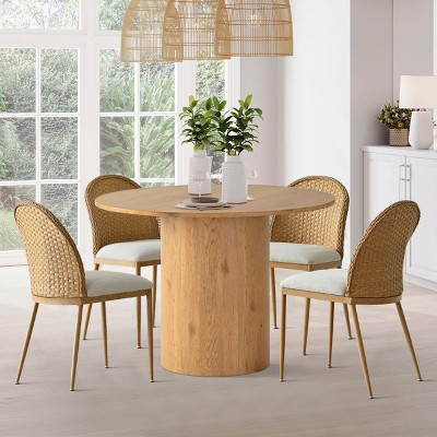 5-Piece Round Dining Table Set, Pedestal Table in Oak Look with 4 Woven Rattan-Style Chairs for Kitchen or Small Dining Room-Maison Boucle