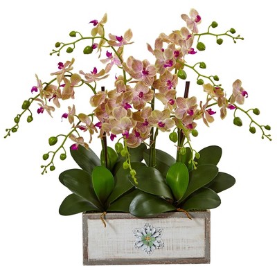Nearly Natural 23-in Phalaenopsis Orchid Arrangement in Decorative Wood Planter