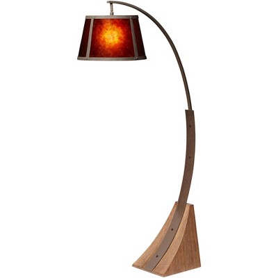 Franklin Iron Works Mission Arc Floor Lamp with USB Charging Port 66 1/2" Tall Dark Rust Amber Mica Shade for Living Room Reading