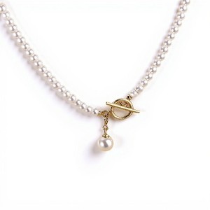 Anna-Kaci Women's Pearl Beaded Necklace with Front Toggle Clasp and Drop Pearl Pendant - Gold - 1 of 4