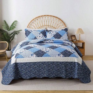 Queen Size 3 - Piece Microfiber Quilt Set, Reversible Patchwork Bedspread with Blue and White Porcelain Floral Pattern, All Season. - 1 of 4
