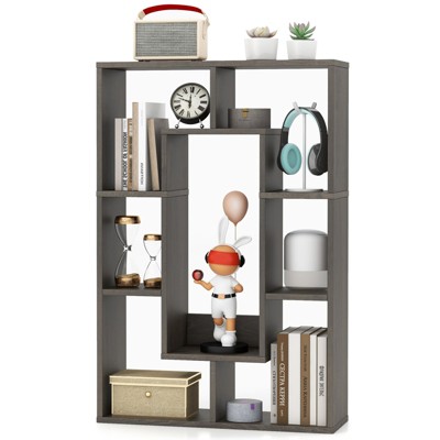 Tangkula 35.5” Geometric Bookshelf Open-back Bookcase w/ 7 Cubes Free-standing Storage Shelf Unit w/ Anti-Toppling Devices Gray/Natural/White