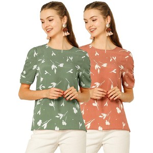 Allegra K Women's Floral Summer Crew Neck Casual Shirred Short Sleeve Blouse 2 Pcs - 1 of 4