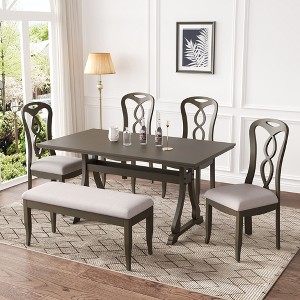 NicBex Dining Table Set for 6 Kitchen Table Retro Trestle Dining Table Set with Upholstered Dining Chairs and Bench for Dining Room, Brown - 1 of 4
