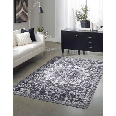 Dark Gray Rectangular Medallion Synthetic Washable Area Rug