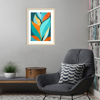 Abstract Tropical Foliage Blue and Orange Wood Framed Wall Art