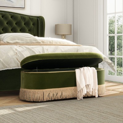 Okak Vintage Pull-Open Top Velvet Tufted Button Ottoman Bench with Bullion Fringe,Oval Upholstered Storage Ottoman for Bedroom,Entrance