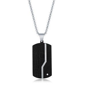 Metallo Stainless Steel Black Pebbled Single CZ Dog Tag Necklace - Black - 24 Inch - 1 of 3