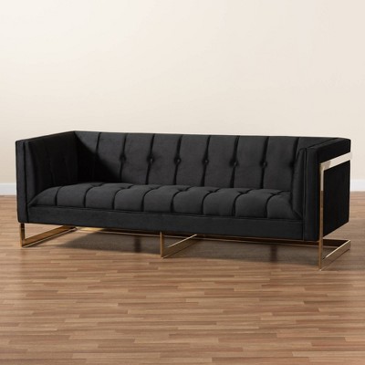Luxurious Black Velvet Tufted Sofa with Gold-Tone Metal Frame