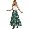 Women's High Waisted Pleated Flowy Maxi Skirt - Summer Casual with Pockets White Flower Green - 3 of 4