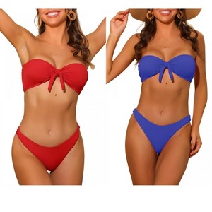 INSPIRE CHIC Women's Bandeau Ribbed Bowknot Strapless with Bottoms Swimwear Bikini 2 Set - 1 of 4