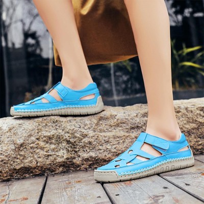 Clotth Women's Leather Cutout Closed Toe Fisherman Sandals Comfortable Sole Flat Sandals with Hook and Loop Athletic Beach Shoes