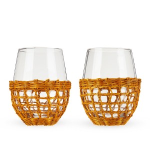Twine Island Wine Glasses, Stemless Glassware with Seagrass Wrap Cover for Drinks or Water, Dishwasher Safe, 16 Oz, Set of 2, Beige - 1 of 4