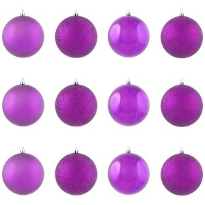Northlight Shatterproof 4-Finish Christmas Ball Ornaments 4" (100mm) - Purple - Set of 12 - 1 of 4