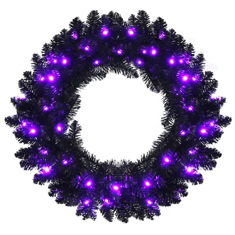 Costway 24inch Pre-lit Christmas Halloween Wreath Black w/ 35 Purple LED Lights, 1 of 11