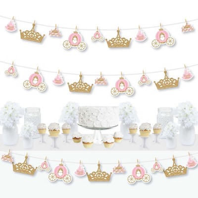 Big Dot of Happiness Little Princess Crown - Pink and Gold Princess Baby Shower or Birthday Party DIY Decor - Clothespin Garland Banner - 44 Pieces